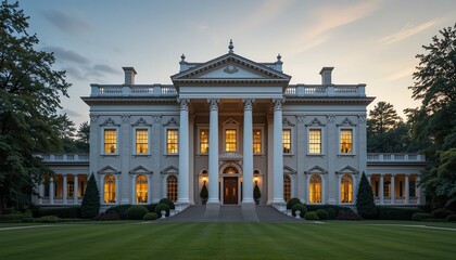 Obraz premium Grand Estate at Dusk: A stately mansion with neoclassical architecture stands illuminated against the twilight sky, embodying timeless elegance.