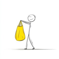 Fototapeta premium A stick figure, smiling, confidently carries a big yellow shopping bag against a clean white backdrop.