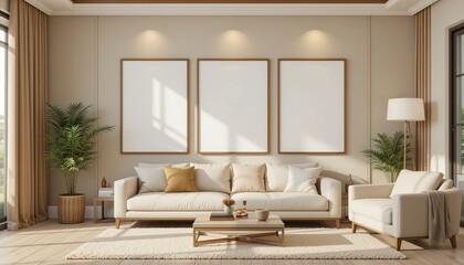 Fototapeta premium A bright and airy living room showcases three framed art prints above a comfortable sofa, accented with neutral tones and natural light.