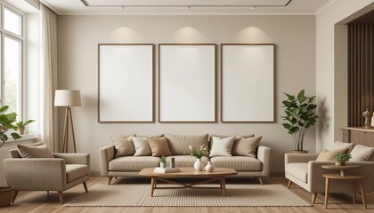 Fototapeta premium Beige living room with blank frames above a sofa, neutral tones, potted plant, and natural light. Ideal for showcasing artwork.