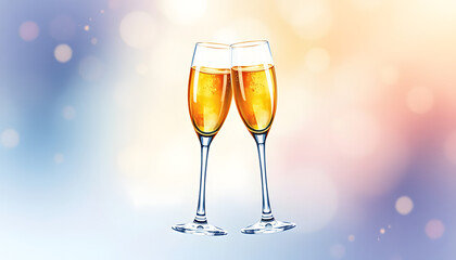 Two glasses with champagne watercolor postcard. Toast, cheers, salute. Perfect for New Year, Wedding, Bachelorette Party, Anniversary, Birthday, dreamy atmosphere, with white tones