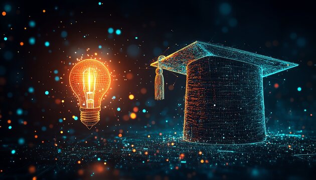 Graduation hat with lightbulb, representing online courses and elearning certificate programs, digital education and internet learning concept, highresolution generative AI artwork
