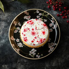 Top view of Vanilla sponge cake in Floral Pattern design plate on a black elegant background beans --v 6.1 Job ID: 3c33e3bb-efa6-4ef7-ba95-236b0638204d