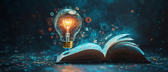 Fototapeta premium Lightbulb of creativity and innovation, filled with colorful educational icons, books, gears, and knowledge symbols, representing the power of learning, AIgenerated design