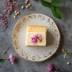 Top view of Vanilla sponge cake in Floral Pattern design plate on a gray elegant background beans --v 6.1 Job ID: 8cbfcb73-26e1-4615-85bc-5b1662d36e80