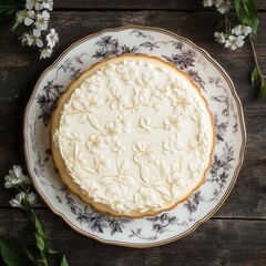 Top view of Vanilla sponge cake in Floral Pattern design plate on a wooden elegant background beans --v 6.1 Job ID: 062ca0cd-884a-4abb-9f59-919de23de0c6