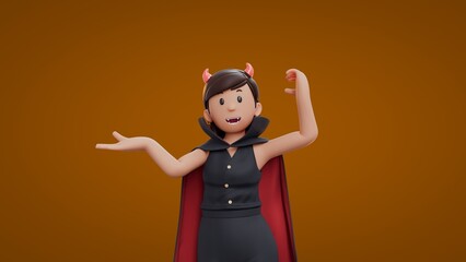 3D Cartoon strong dracula girls showing something on right hand Halloween Celebration