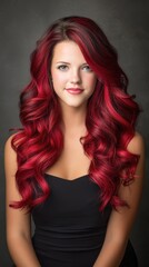 Naklejka premium Striking portrait of a woman with long, vibrant red curly hair and captivating blue eyes, wearing a black top against a dark background