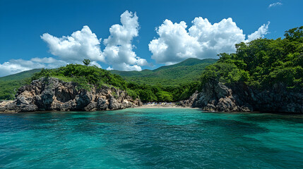 Fototapeta premium Turquoise sea meets rocky shores and lush green hills under a bright blue sky dotted with fluffy white clouds on a summ