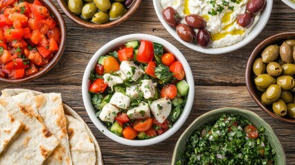 A vibrant spread of Mediterranean dishes, featuring fresh salads, olives, and pita bread, presented on a rustic wooden table.
