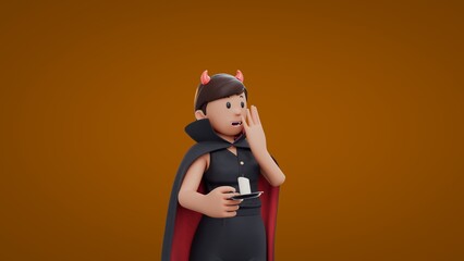 3D Cartoon dracula girls shocked while holding candle Halloween Celebration