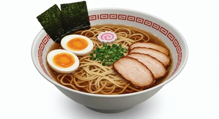 Bowl of ramen with rich broth and toppings isolated on white background