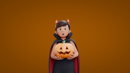 3D Cartoon dracula girls holding pumpkin with both hand while curious expression Halloween Celebration