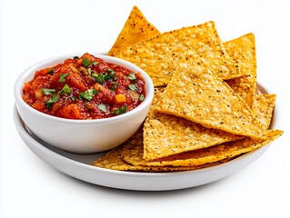 Golden Tortilla Chips with Chunky Red Salsa on White Plate