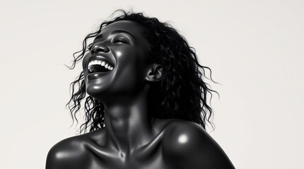 Fototapeta premium Radiant laughter, a moment of pure joy captured in monochrome. Her expressive eyes and bright smile illuminate the frame, a testament to happiness and beauty.