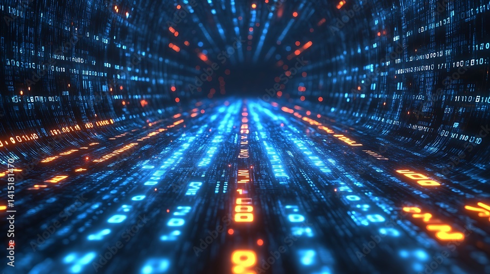 Fototapete futuristic digital data stream, futuristic digital data stream with glowing binary code in blue and 