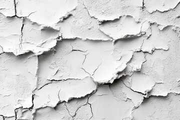 Obraz premium Cracked white wall texture revealing a distressed surface with uneven layers of paint and plaster