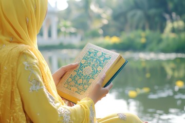 Woman in Yellow Attire Holding Book by Lush Water Scene