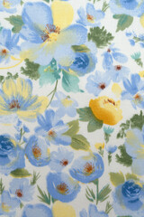 Blue and Yellow Floral Patterned Fabric With Detailed Summer Flower Design
