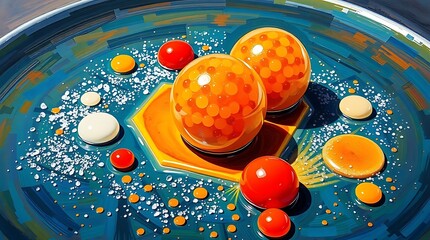 Artistic rendering of spheres and droplets on a textured blue surface