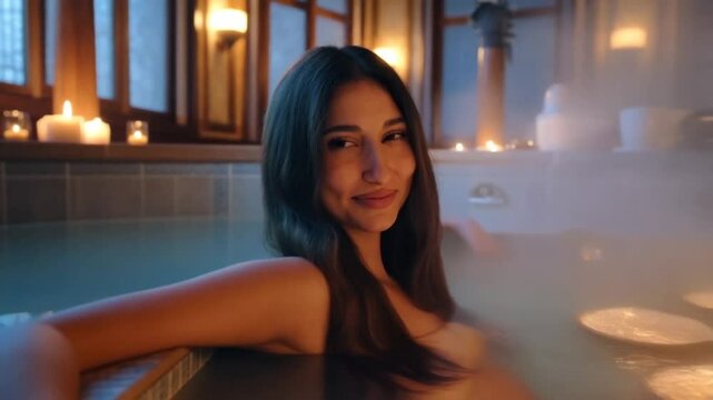 Relaxing spa day portrait: A woman soaks in a steamy tub surrounded by candlelight in a tranquil, cozy setting, enjoying a moment of peace.