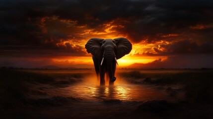 Silhouette elephant at sunset, wading through a tranquil river.