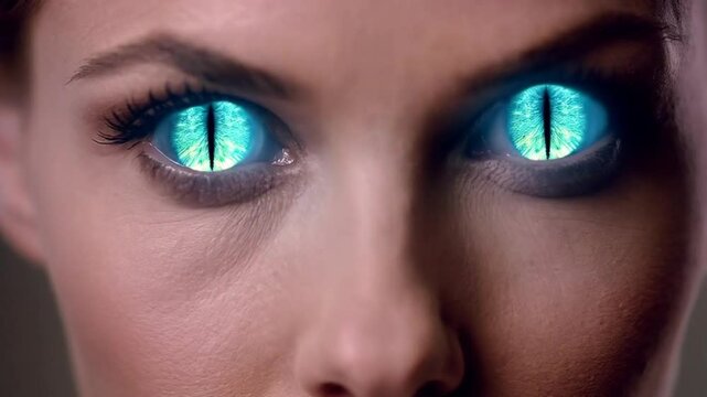 Close-up of a woman's face with striking green, reptilian eyes, creating a captivating and slightly unsettling gaze.
