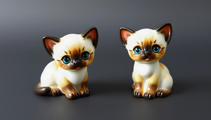 Vintage Siamese cat figurines , Adorable kitten porcelain, watercolor, with white tones