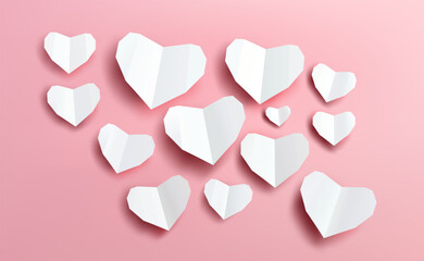 White paper hearts on a pink background. Space for text. Love icon symbols for Valentine’s Day, Mother’s Day and Women’s Day.