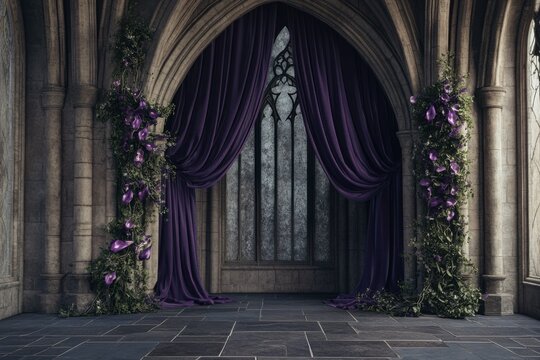 Gothic cathedral nave wedding backdrop, dramatic style, deep purple and white colors, romantic wedding photography concept