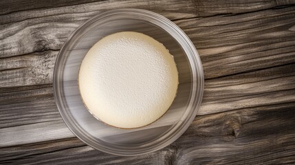 Top view of Vanilla sponge cake in transparent plate on a wooden background, hyper realistic photo with high quality