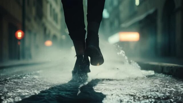 Person walking through puddles in city at night