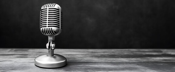 Professional sound recording microphone on black background. banner with copy space