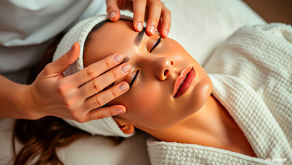 Beautiful female hands giving a rejuvenating facial massage to a strikingly beautiful girl in a white terry robe in a luxury spa center