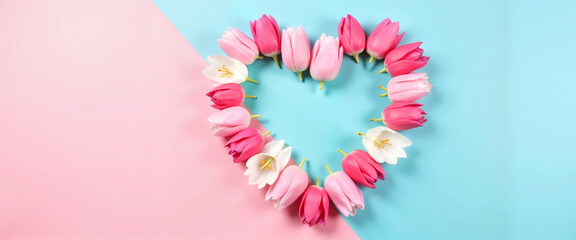 Colorful flower heart arrangement on pink and blue background
