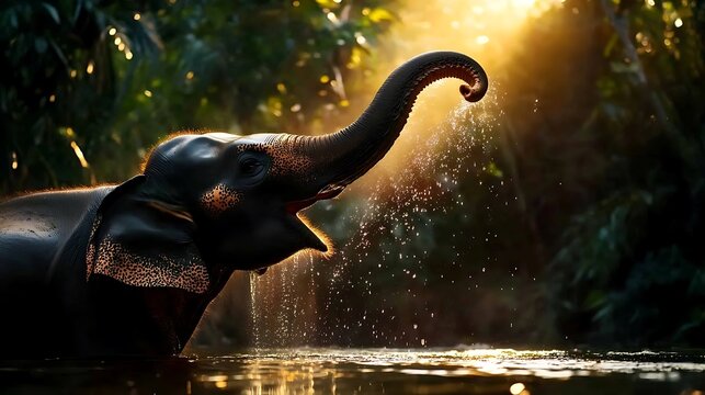 Silhouette of an elephant bathing in a jungle stream.