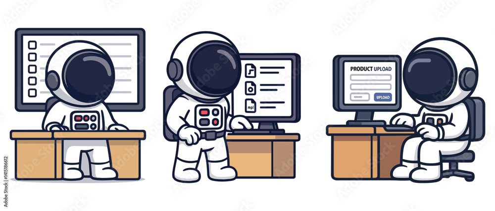 Poster report analysis and task monitoring set with cartoon astronauts. reading report, tracking performanc