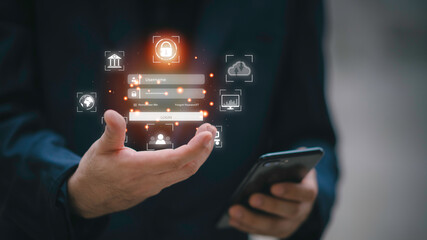 Cyber security and Security password login online concept Hands typing and entering username and password of social media, logging in with smartphone to an online bank account, data protection hacker.
