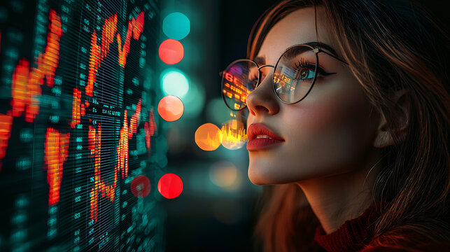 Young woman with glasses examines digital display of colorful financial data urban lights reflecting in her spectacles.