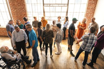 Diverse group of people in a bright room, engaging in conversation. Men and women of various...