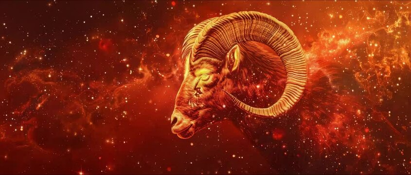 This stunning digital artwork features a majestic ram's head set against a fiery cosmic background filled with stars and galaxy details, capturing a sense of power and wonder.