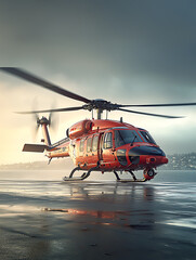 A red and black rescue helicopter lands on a wet surface with rotor blades spinning against a cloudy sky.
