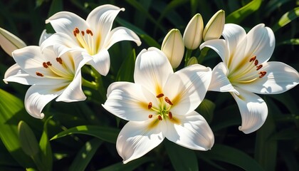 Obraz premium Sunlit white lilies, lush green leaves, elegant bloom, photo, spring