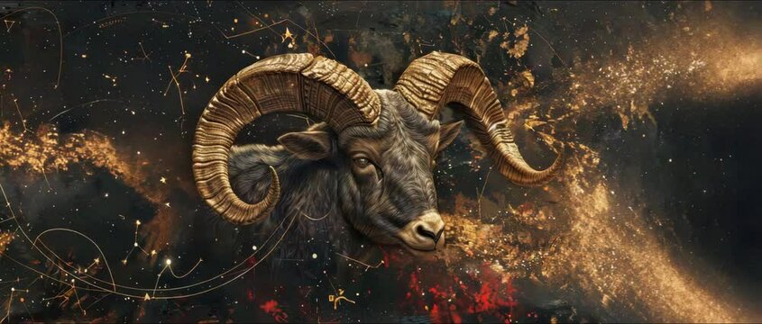 This stunning artwork features a majestic ram head surrounded by a cosmic background, blending vibrant colors with abstract elements, ideal for creative projects.