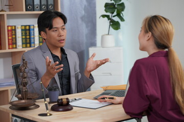 Meeting of lawyers, consultants, government assistance, businessman and male lawyer or judge consult with team meeting with clients at office