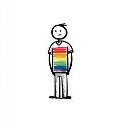 A stick figure wearing a rainbow pride shirt stands on a white background, representing inclusivity.