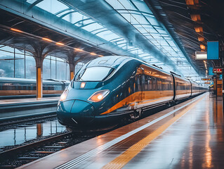 Fototapeta premium A sleek modern high-speed train gleams under the arched roof of a station ready for departure.