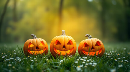 Three jack o lantern celebrating a Happy Halloween on a beautiful day with a green grass, soft sunlight, and a warm colour background