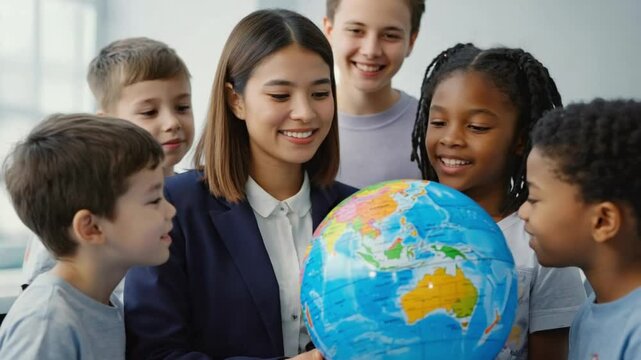 A friendly Caucasian female teacher shows a vibrant globe to an attentive group of diverse children. Concept of inclusive education and global awareness.