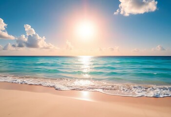Obraz premium Sun-drenched beach, turquoise water, soft sand, vibrant sky, dune, sun